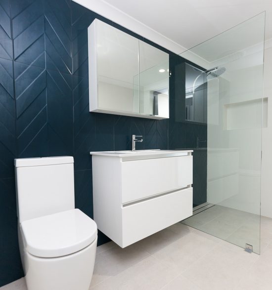 east vic park bathroom renovation with dark blue tiles