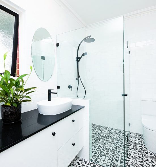 modern black and white small bathroom