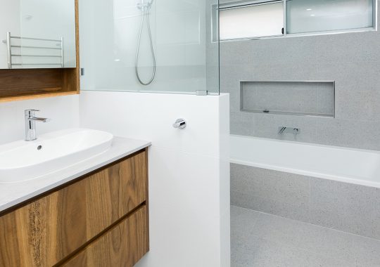 bathroom renovation with shower with detachable shower head and bath behind it