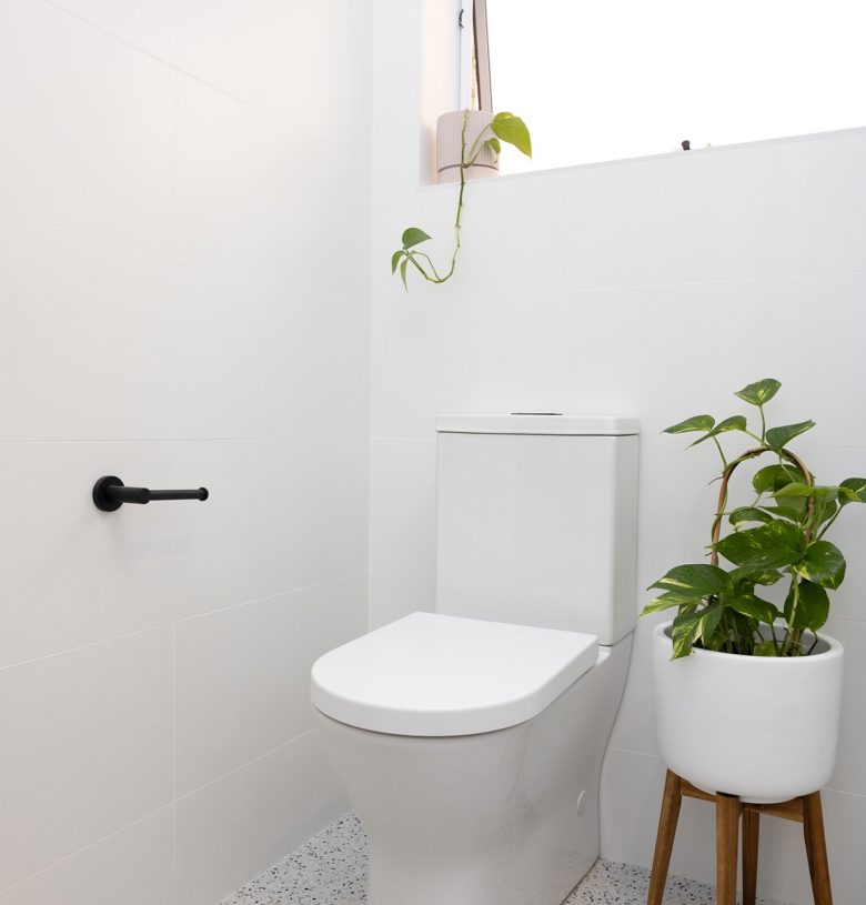 Bathroom renovated by WA Assett in Wembly. White toilet plant beside it.