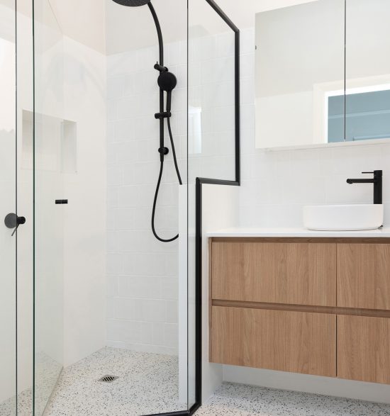 A shower beside a vanity in a WA Assett bathroom renovation