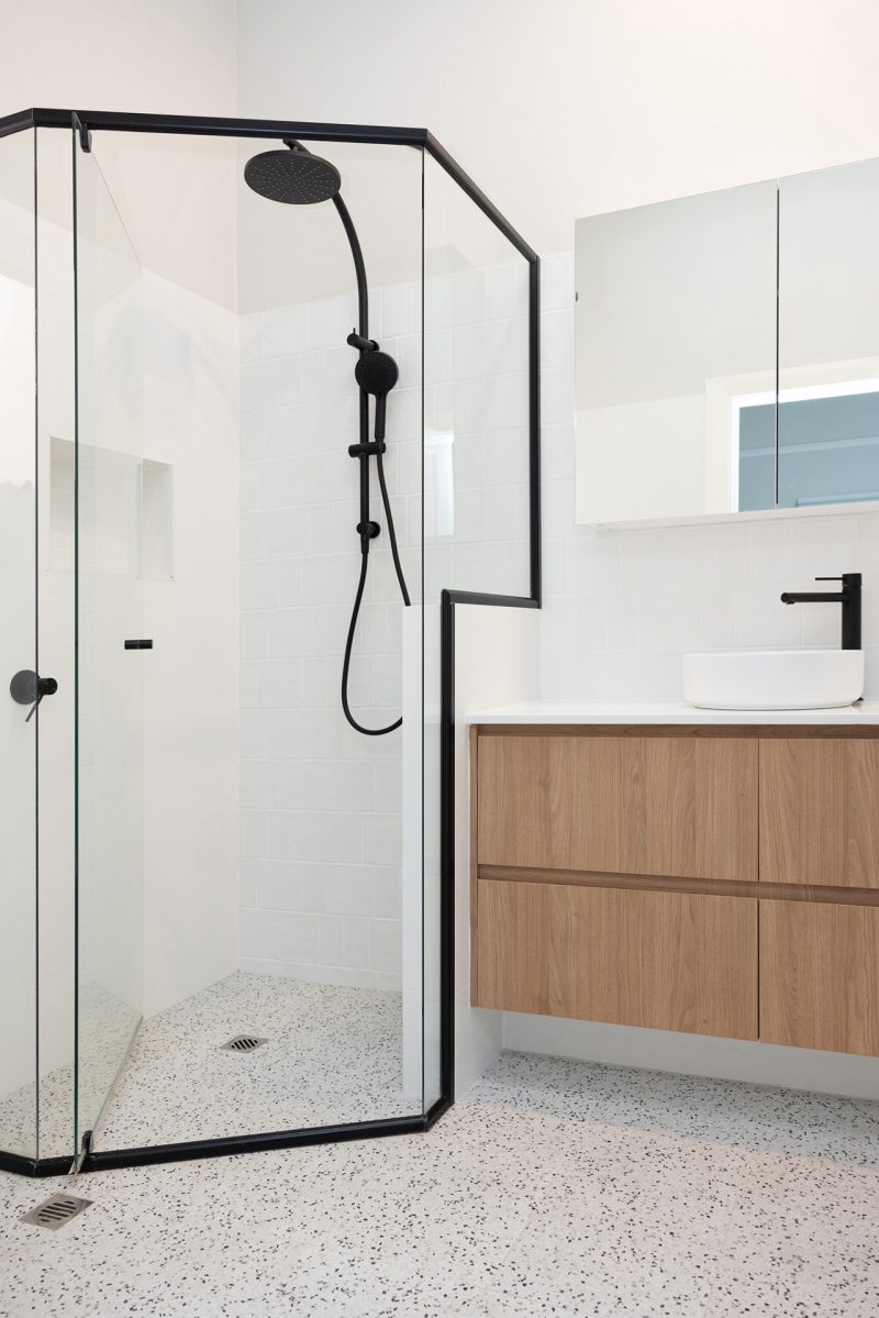 A shower beside a vanity in a WA Assett bathroom renovation