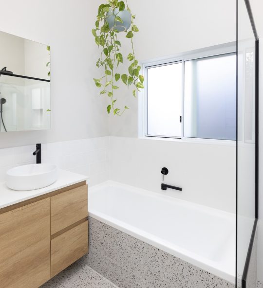 A bathroom with a plant hanging above a renovated bath